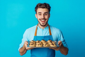 Happy baker presenting a tray of delicious chocolate chip cookies, showcasing his passion for baking