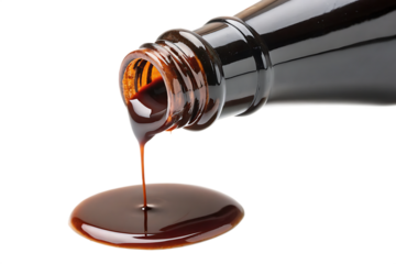 close-up of thick oyster sauce dripping from bottle on white background, glossy dark condiment in AI generated by PNG