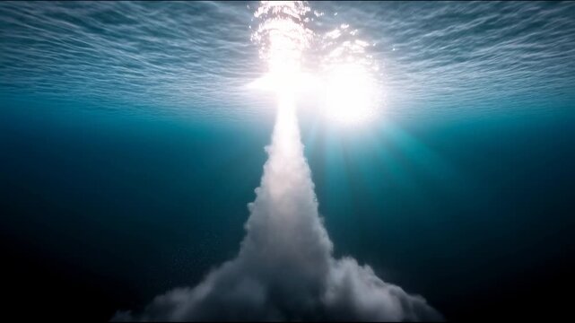A missile flying out of a submarine surrounded by a cloud of smoke and fire, with dark water