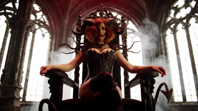 Powerful Demon Queen on Her Throne in a Gothic Cathedral