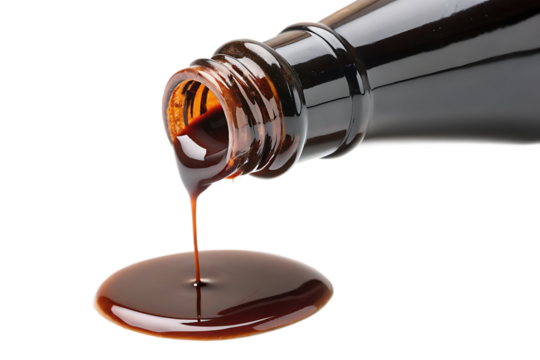 close-up of thick oyster sauce dripping from bottle on white background, glossy dark condiment in AI generated by PNG