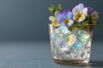 fantasy cocktail illustration, glass of peace-themed cocktail with iridescent ice cubes, edible flowers, and a soft glow in surreal glow chrome style against a dark backdrop