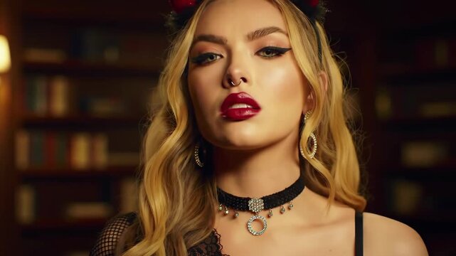 Seductive Devil Woman in a Library