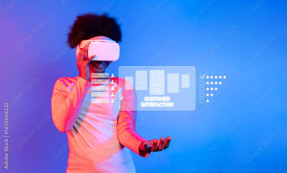 Poster a person using virtual reality technology to assess customer satisfaction through interactive feedba