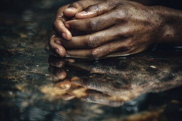 Fototapeta premium Dark hands clasped over water, reflecting