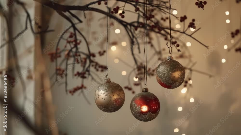 Poster decorative ornaments on a tree with colorful lights in the background