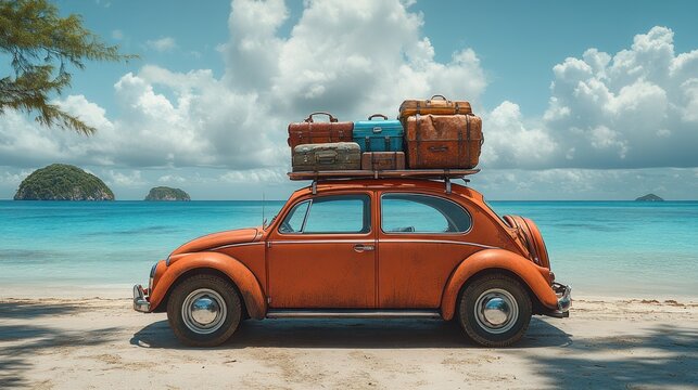 Fototapeta Vintage car loaded with luggage on tropical beach
