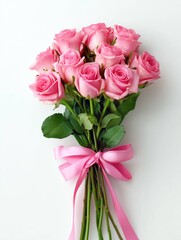 A bouquet of pink roses tied with a pink ribbon isolated on white background