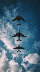 Three airplanes in a row flying in the blue sky with clouds at Air Force day