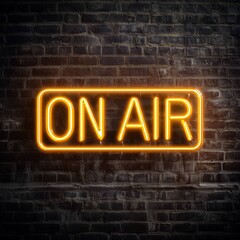 Yellow glowing neon open sign wit text "On air" on dark brown brick wall for International podcast and radio day 