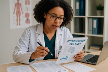 Female doctor analyzing an interdisciplinary case study of the brain while working in a medical office, surrounded by charts and research documents