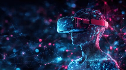 A digital representation of a person wearing a VR headset, surrounded by abstract technology visuals.