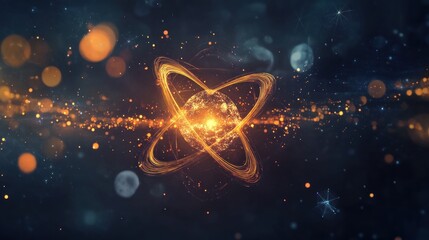 Abstract representation of an atom with glowing particles and cosmic elements.