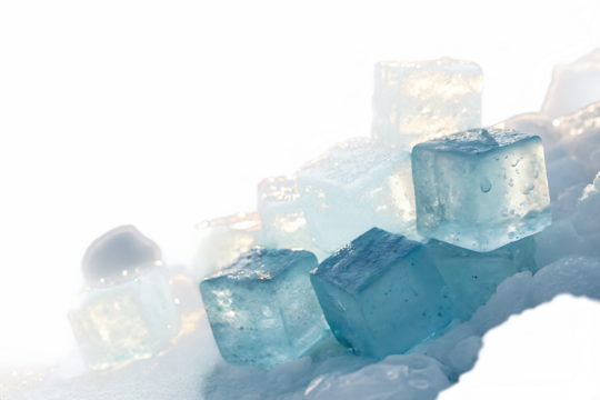 cluster pale blue ice cubes suspended soft white backdrop radiant warm natural light subtly blurred on AI generated by PNG - Powered by Adobe