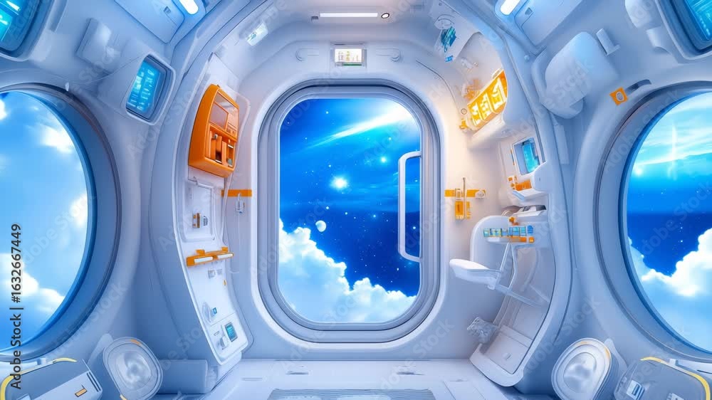 Poster clean white spacecraft cabin with large round windows showing starry sky and clouds. orange and blue