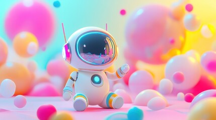 A cute astronaut character surrounded by colorful bubbles in a vibrant setting.