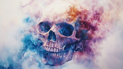 A colorful, artistic representation of a skull surrounded by vibrant smoke-like patterns.