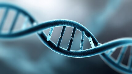 A close up of a DNA strand with a blue color