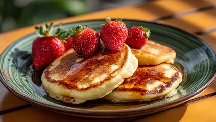 A plate of fluffy pancakes with maple syrup and fresh strawberries, beautifully arranged on an orange table in the morning sun. The vibrant colors highlight the golden-brown edges of each pancake, 