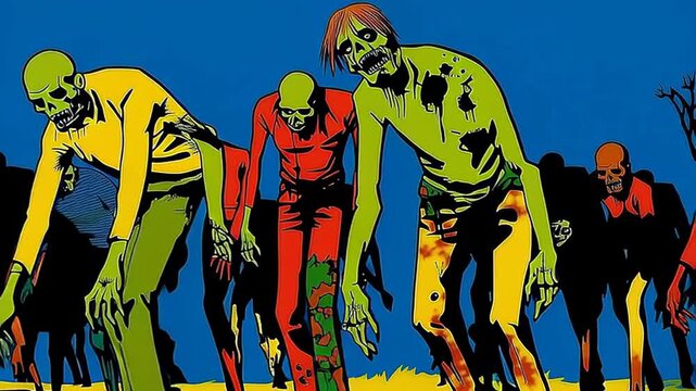 Colorful zombie horde marching in vibrant cartoon style under a blue sky