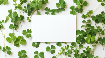 A blank card surrounded by green clover leaves on a white background.