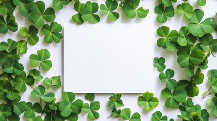 A blank card surrounded by vibrant green clovers on a white background.