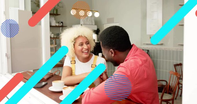 Couple sipping coffee conversing in marketing cafe, chat igniting sliding colored lines and dots