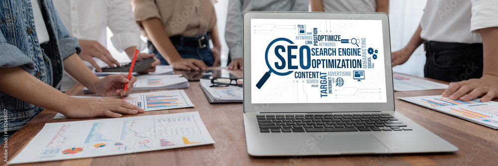 Poster seo search engine optimization for brisk e-commerce and online retail business showing on computer s