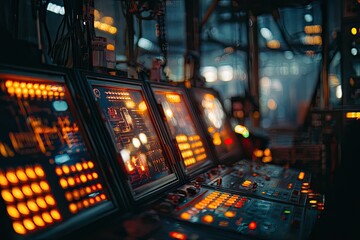 Industrial control panels with glowing displays