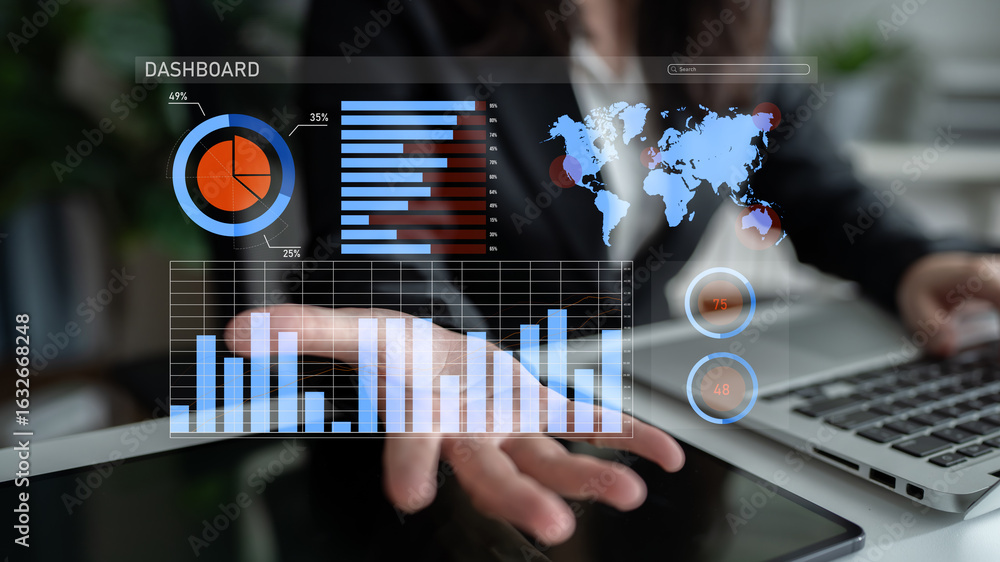 Poster a professional woman analyzes data using visual tools on her laptop in an office setting. charts and