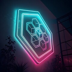 Thin line hexagon logo with futuristic neon glow