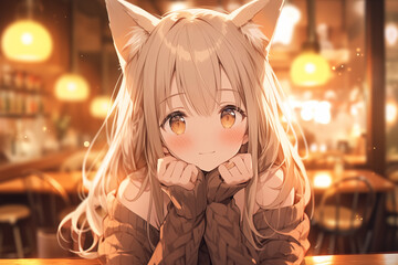  Cozy Catgirl in a Warm Café Setting　／　カフェでくつろぐ猫耳美少女