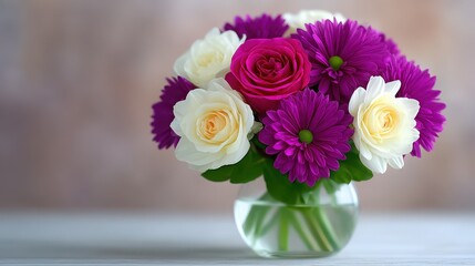 Fototapeta premium A vase of flowers with a white rose and a pink rose