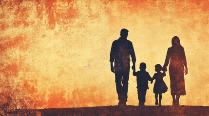 A silhouette of a family walking together against a warm, textured background.
