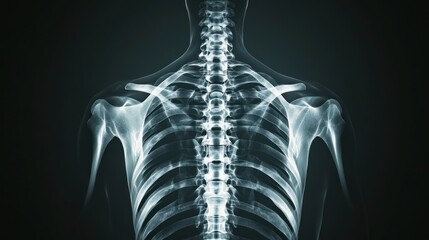 X-ray image of a human spine and ribcage, illustrating skeletal structure.