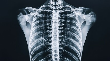 X-ray image of a human spine and ribcage, illustrating skeletal structure.