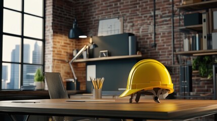 A yellow hard hat rests on a wooden desk in a modern office with industrial decor.