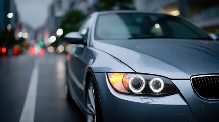 A car with its headlights on is parked on a street