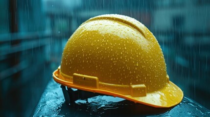 A yellow hard hat resting on a surface, covered in raindrops, indicating construction safety.