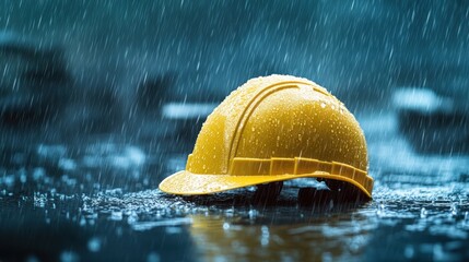 A yellow hard hat sits in the rain, symbolizing construction and safety in adverse weather.