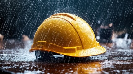 A yellow hard hat resting on a wet surface, surrounded by falling rain.