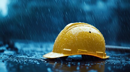 A yellow hard hat resting on a wet surface during rain, symbolizing construction safety.