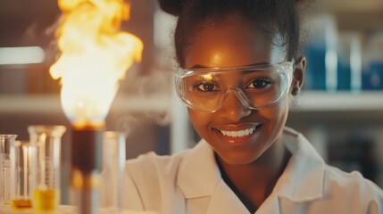 A smiling young scientist in a lab coat conducts an experiment with flames in a laboratory.