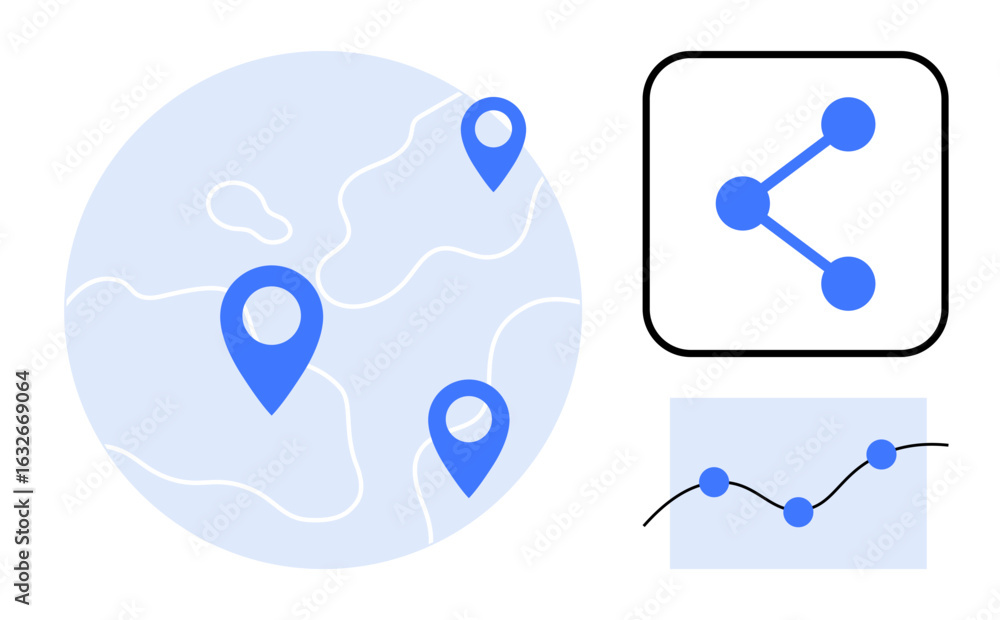Poster blue geolocation pins on a globe, sharing icon, and a line chart. ideal for networking, analytics, c