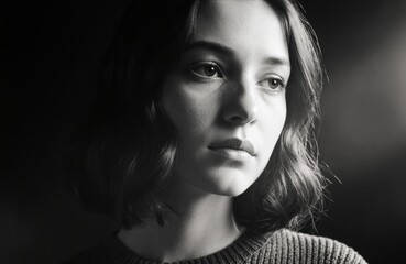 Woman with short wavy hair gazing thoughtfully into the distance in black and white