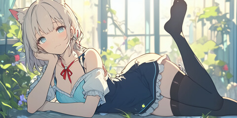 Relaxed Catgirl Sunbathing in a Garden
／　庭園で日差しを浴びる猫耳少女