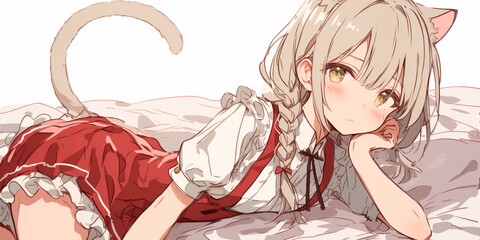  Red Dress Catgirl Resting on a Bed
　／ 赤いドレスの猫耳少女、ベッドでリラックス