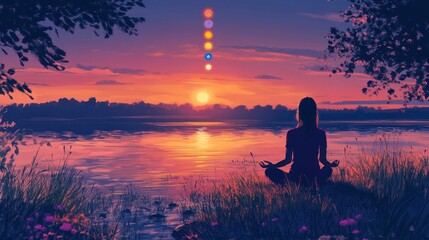 A serene sunset scene with a meditating figure by the water, symbolizing tranquility.