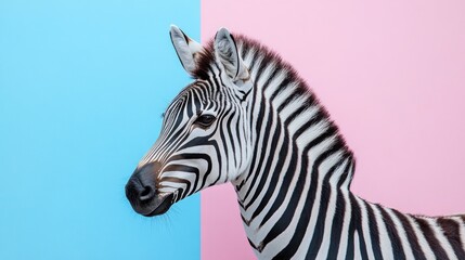 A zebra's profile against a split pastel background of blue and pink.