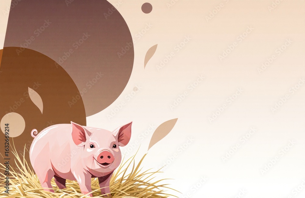 Poster cute piglet standing on straw with abstract background in soft beige and brown tones